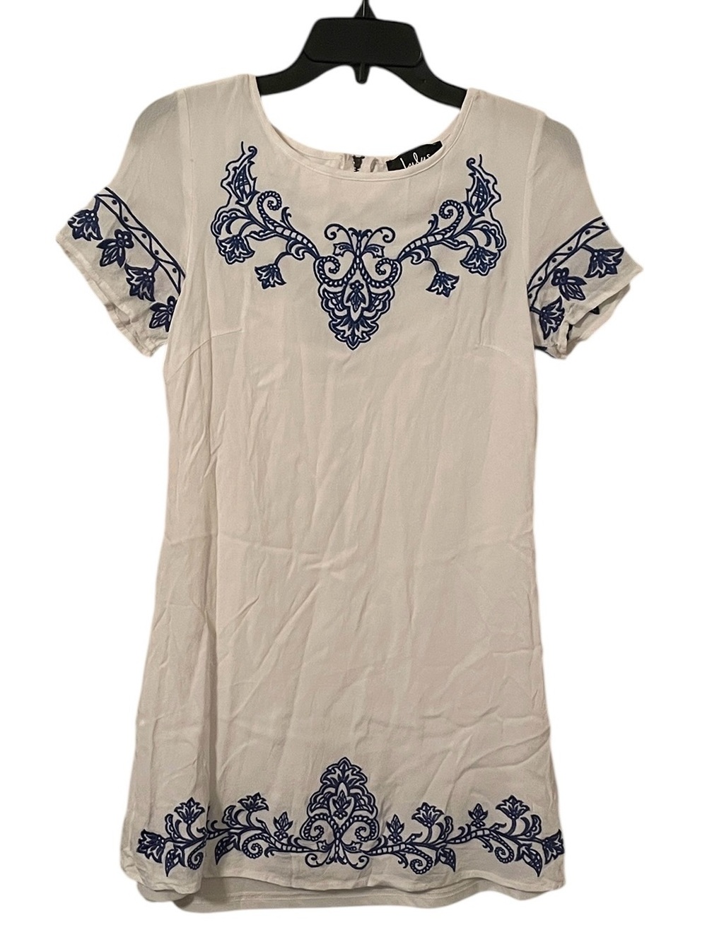 Lulus Women's Ivory White Blue Tale To Tale‎ Embroidered Mini Dress Size S